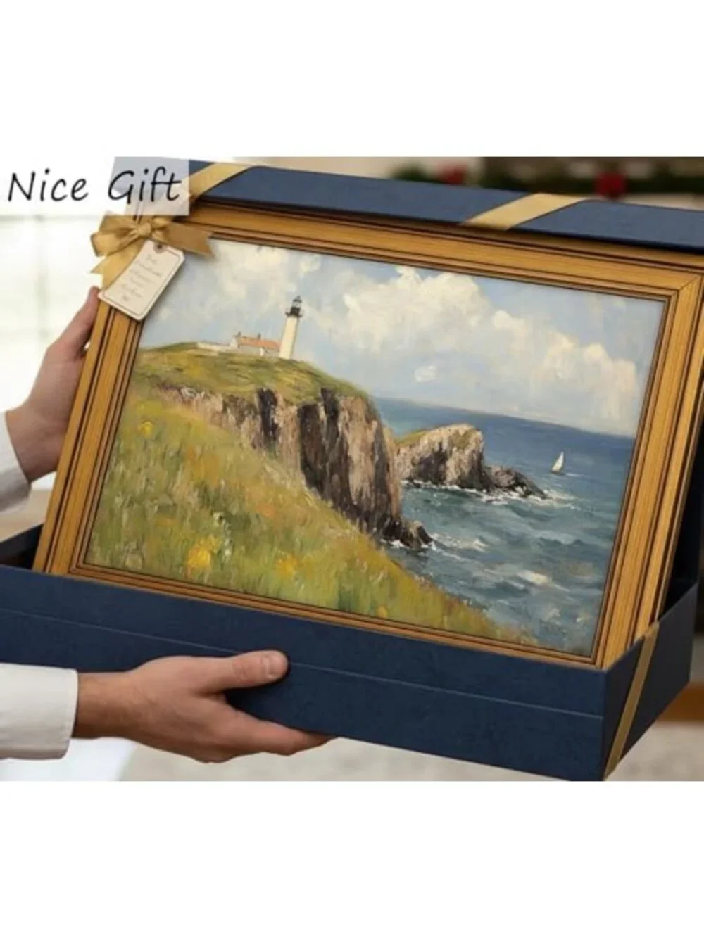 Coastal Lighthouse Vintage Canvas Wall Art in Gold Frame - 9x11in Home Decor